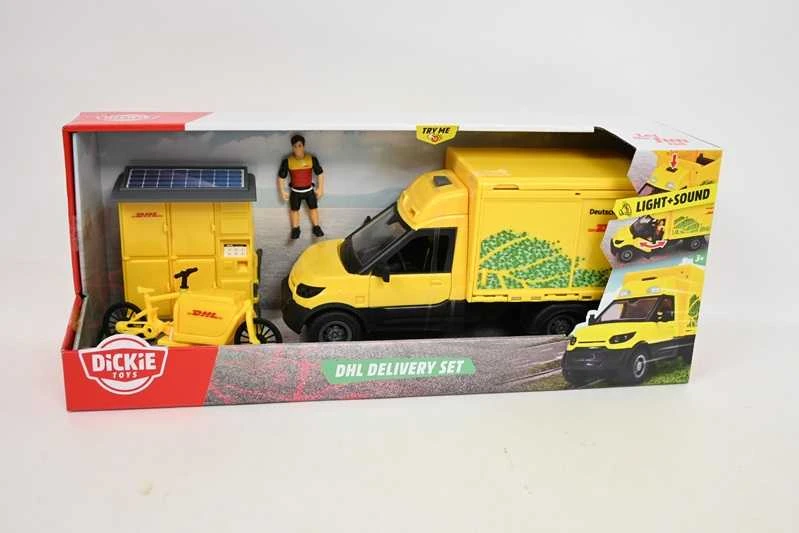 Dickie DHL komlektas geltona furgonas su figūrėlė siuntų spintelė kurjerio dviratis + priedas šviesos garsas