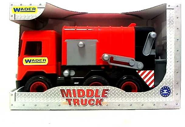 WADER 32113 Middle Truck - Raudonas šiukšliavežis kartoninėje dėžėje