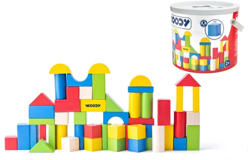 Woody 90911 Eco mediniai mokomieji spalvoti statybiniai blokeliai rūšiavimo kibire (50vnt) vaikams nuo 2 metų