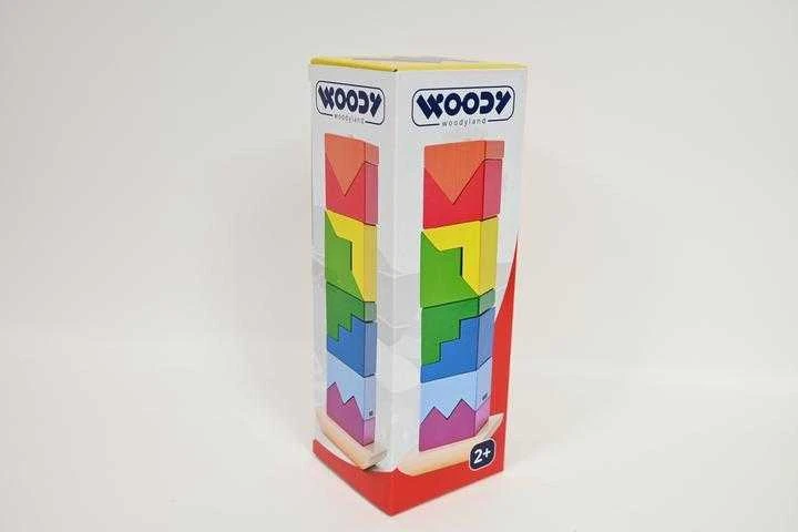 Woody 91102 Eco Wooden Edukacinis spalvotas kraunamas bokšto konstruktorius (9vnt) vaikams nuo 2 metų (9x26cm)