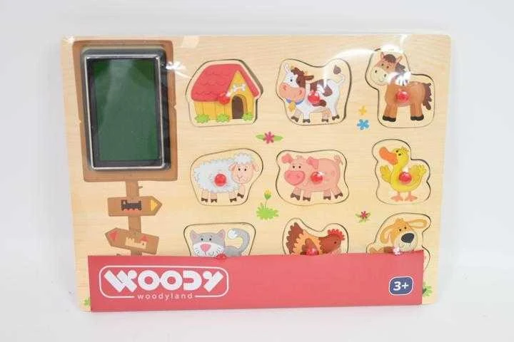 Dėlionė Woody 91184 Eco mediniai mokomieji ir linksmi galvosūkiai-antspaudai – Ūkio gyvūnai (10 vnt.) 3 metų ir vyresniems vaikams (30x21cm)