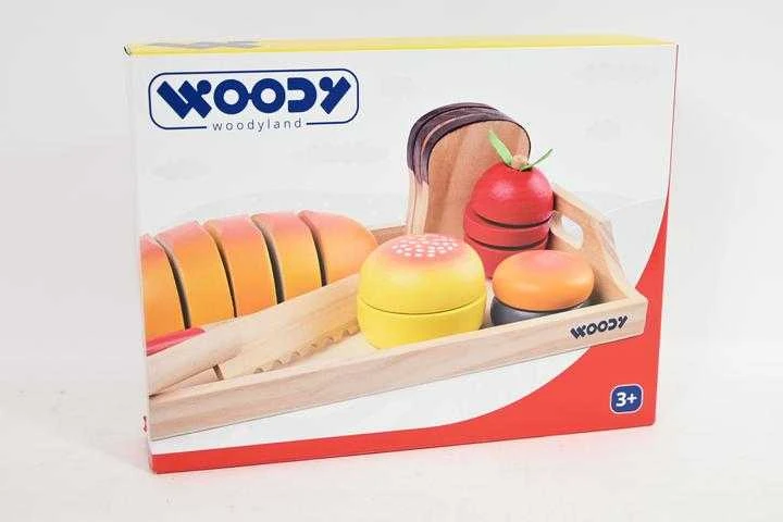 Woody 91904 Didelis rinkinys su pilnu pusryčių padėklu - pjaustymas (19 vnt.) vaikams nuo 3 metų