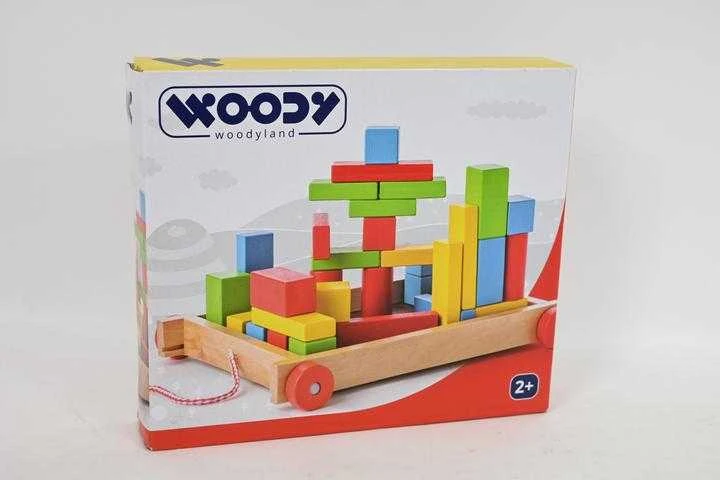 Woody 90007 Eco Wooden Mokomasis vežimėlis su spalvotais blokeliais statybai (34vnt) vaikams nuo 3 metų (20x15cm)