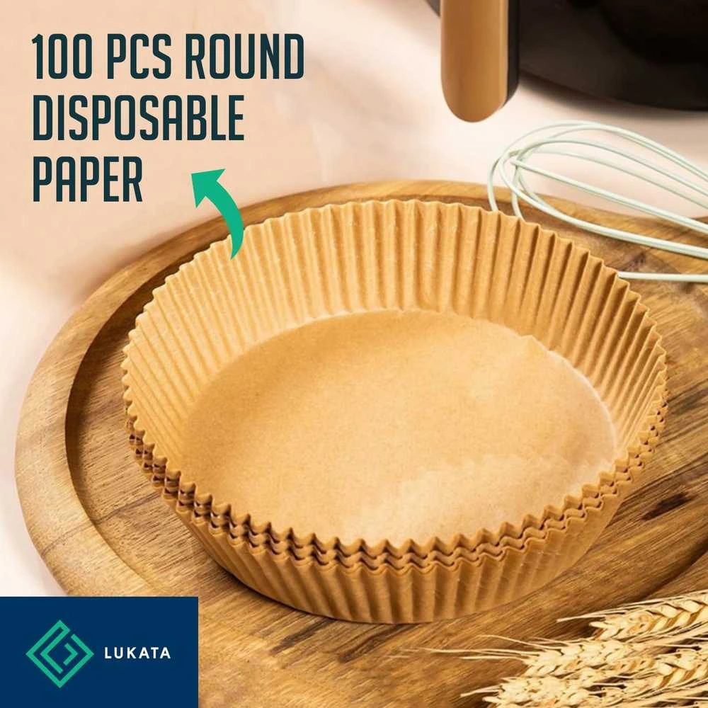 Oro gruzdintuvės įdėklai, 100 vnt. – 16cm apvalūs, be BPA, vienkartinis popierius – idealiai tinka, be aliejaus gruzdintuvėms – netoksiški, atsparūs riebalams, atsparūs vandeniui, tinka 5-8L gruzdintuvėms.