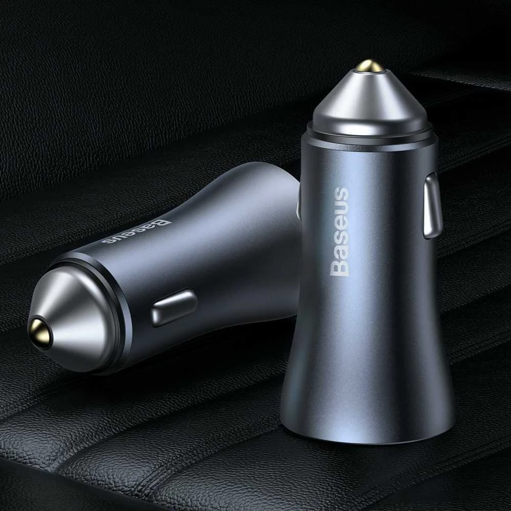 Baseus Automobilinis įkroviklis 40W 12-24V USB + USB-C QC4+ PD3.0 SCP FCP AFC, pilkas