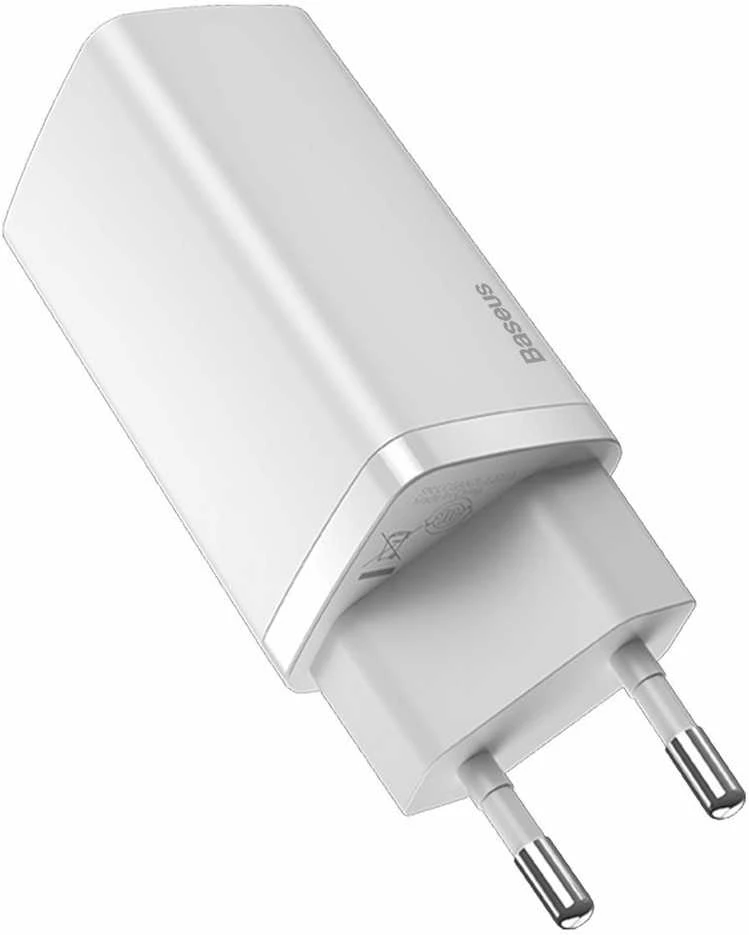Baseus Sieninis įkroviklis GaN2 Lite 65W USB + USB-C QC4+ PD3.0 SCP FCP AFC, baltas