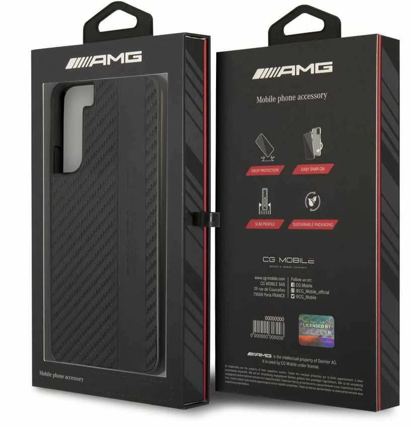 Mercedes AMG AMHCS22MBLSCA S22+ S906 juodos spalvos kietas dėklas Carbon Stripe&Embossed
