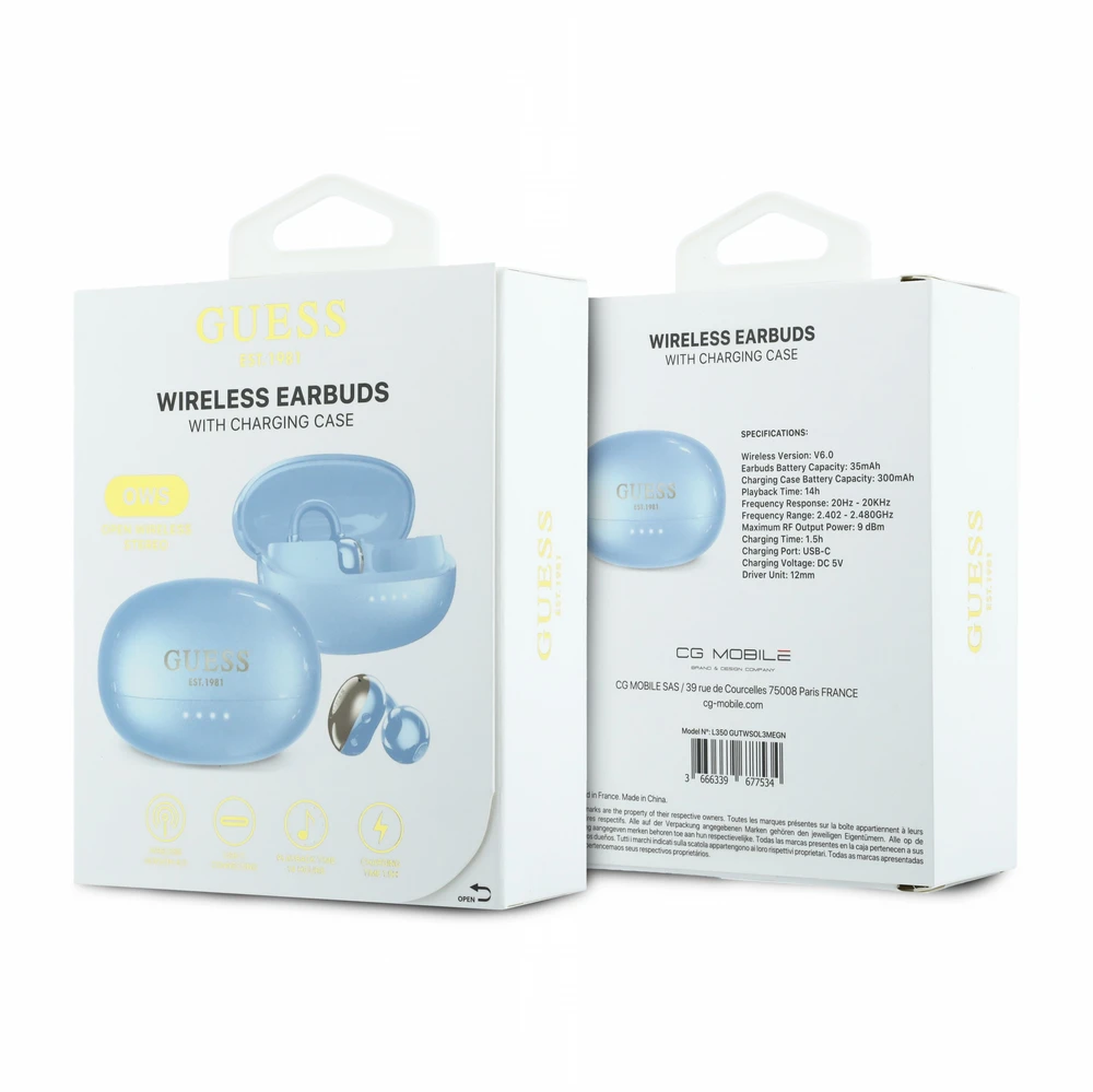Ausinės Guess Metallic Finish Classic Logo OWS Belaidės Earphones Light Mėlyna