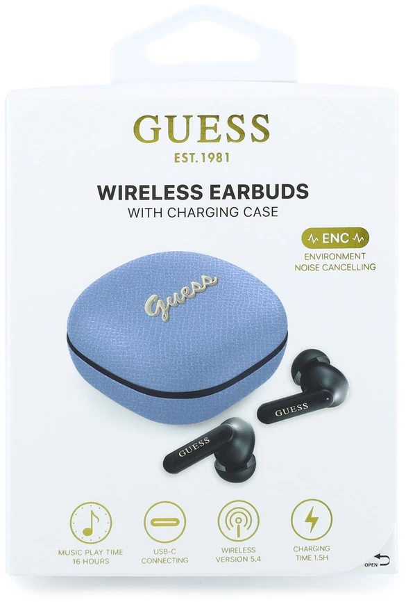 Guess PU Grained Script Metal Logo ENC TWS belaidės ausinės, šviesiai mėlynos