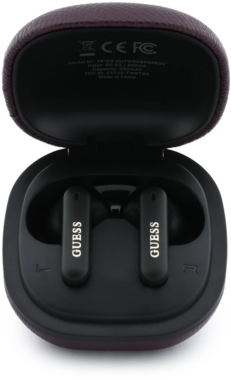 Ausinės Guess PU Grained Script Metal Logo ENC TWS Belaidės Earphones Burgundy