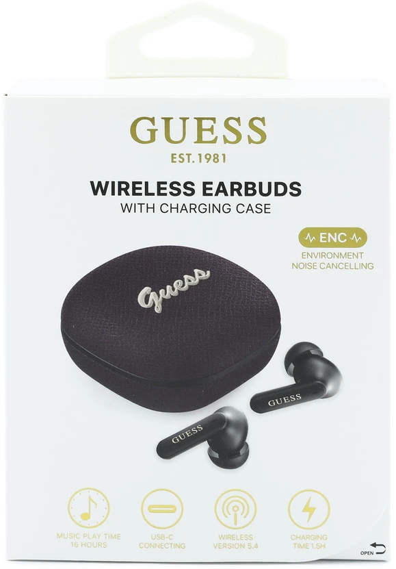 Ausinės Guess PU Grained Script Metal Logo ENC TWS Belaidės Earphones Burgundy