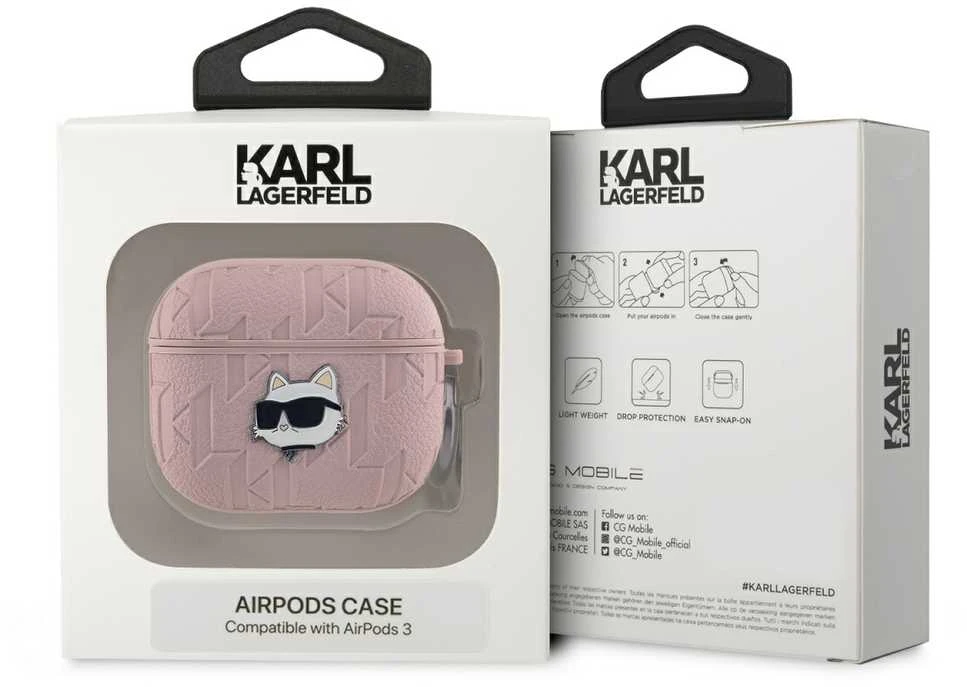 AirPods 3 rožinis dėklas su Choupette logotipu pakuotėje