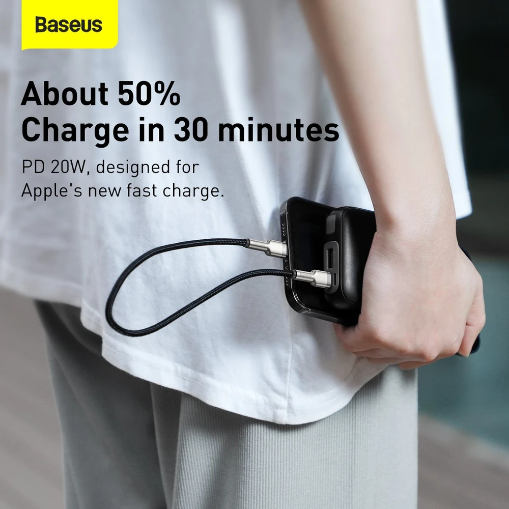 Baseus Cafule Metalinis duomenų kabelis USB Type C/ Lightning - 20W Maitinimas 0.25m, Juodas (Juodas)