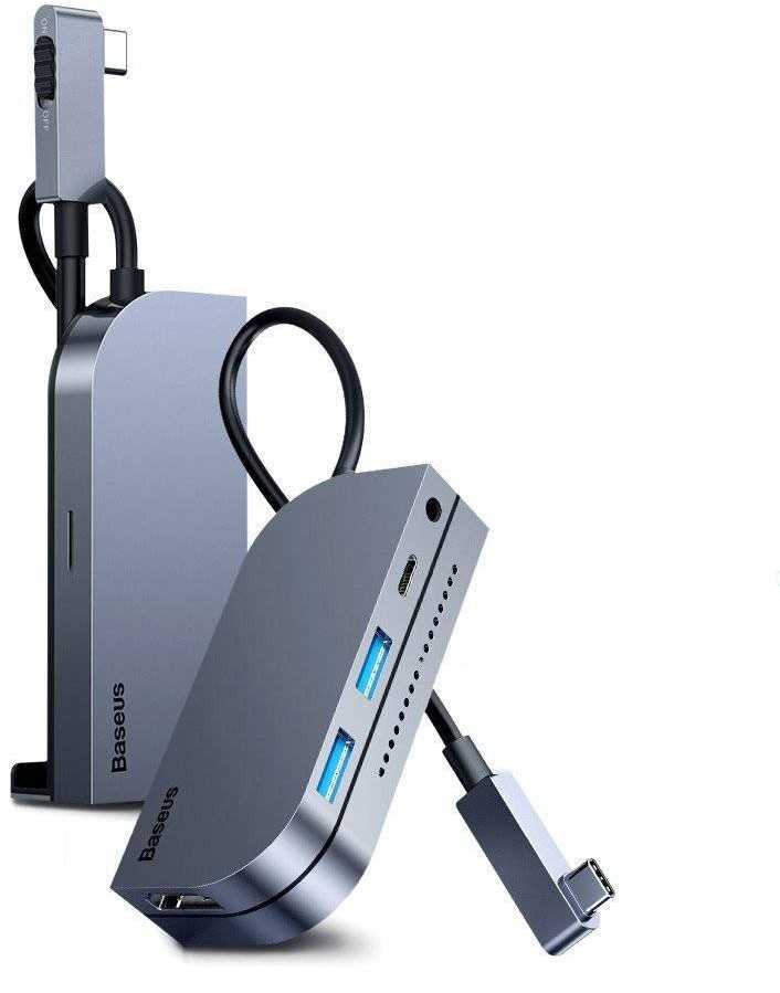 Baseus HUB Bend Angle No.7 Multifunctional (Type-C to 2xUSB3.0 + HDMI 4K + PD 100W + 3.5mm + TF) Upgraded version Space Gray (CAHUB-CWJ0G)