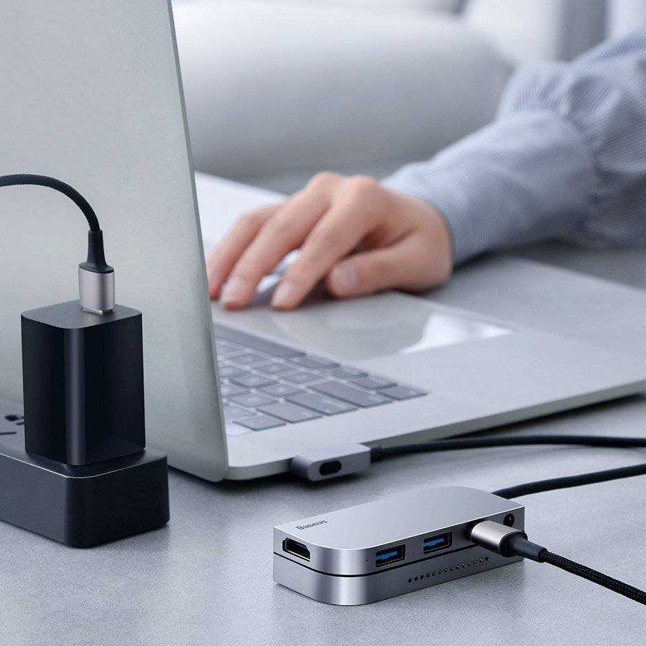 Baseus HUB Bend Angle No.7 Multifunctional (Type-C to 2xUSB3.0 + HDMI 4K + PD 100W + 3.5mm + TF) Upgraded version Space Gray (CAHUB-CWJ0G)