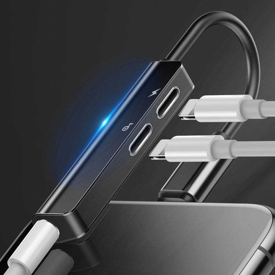 Dėklas Baseusas Baseus L52 garso adapteris iš Lightning į 3.5mm ir 2x Lightning - juodas