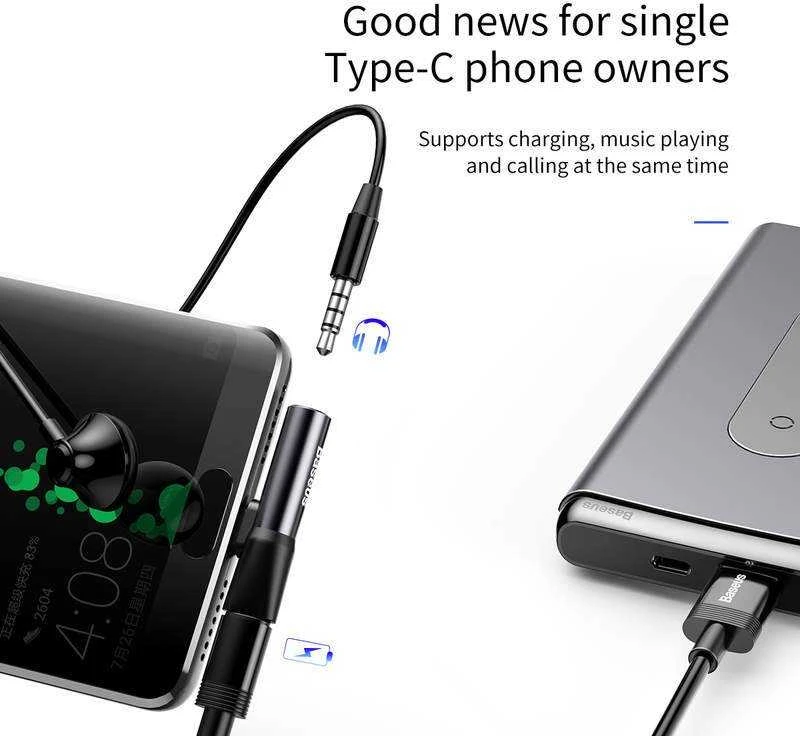 Baseus Audio adapteris L41 USB-C prie 3.5mm AUX lizdo + USB-C - Juodas