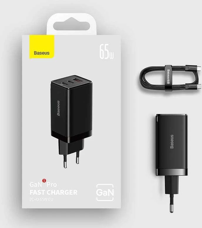 Baseus GaN5 Pro sieninis įkroviklis 2xUSB-C + USB 65W Juodas