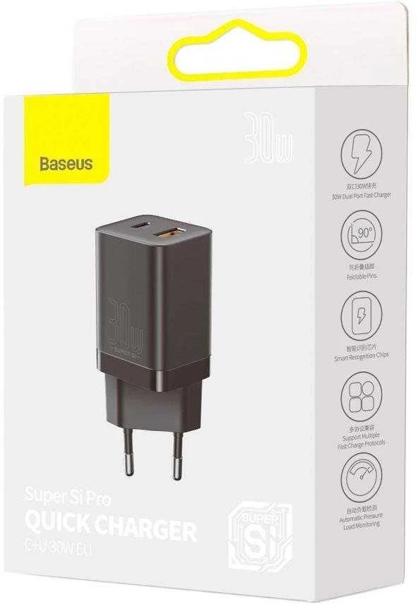 Baseus Super Si Pro įkroviklis USB + USB-C 30W - Juodas