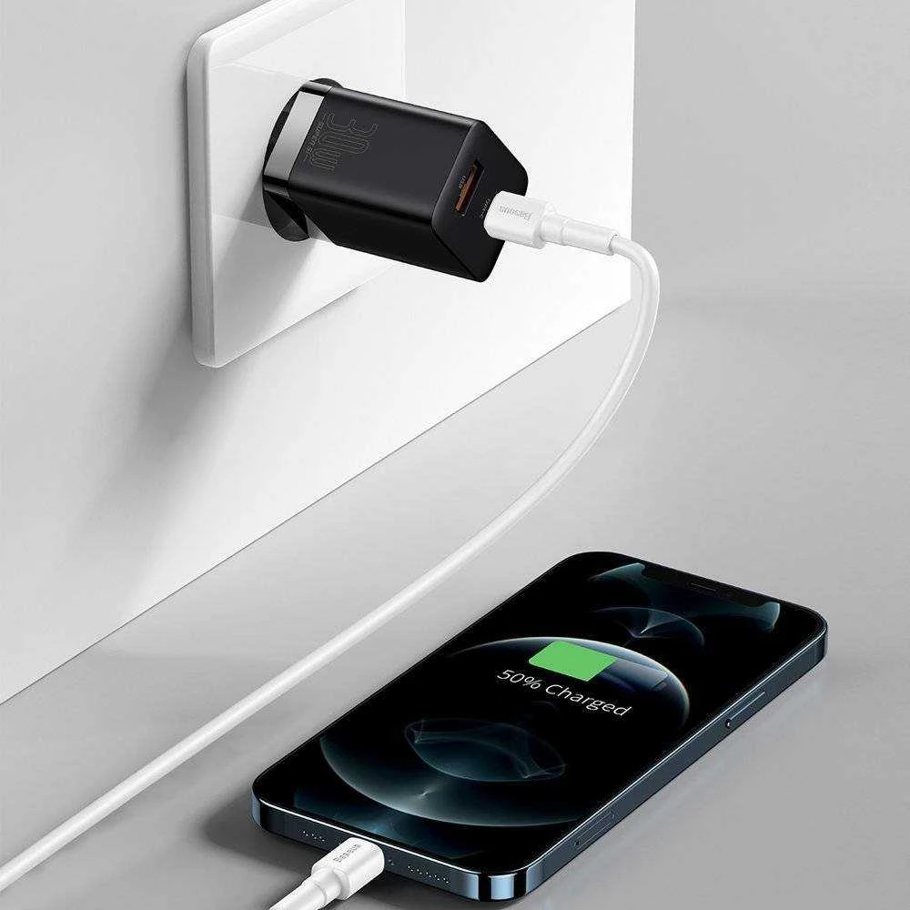 Baseus Super Si Pro įkroviklis USB + USB-C 30W - Juodas