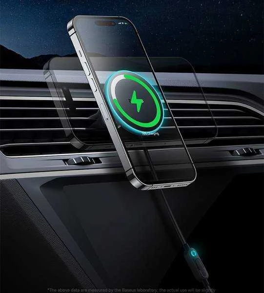Magnetinis automobilinio telefono laikiklis Baseus CW01 prie ventiliacijos tinklelio su automobiliniu įkrovikliu USB-C, 15W + 25W (juodas)