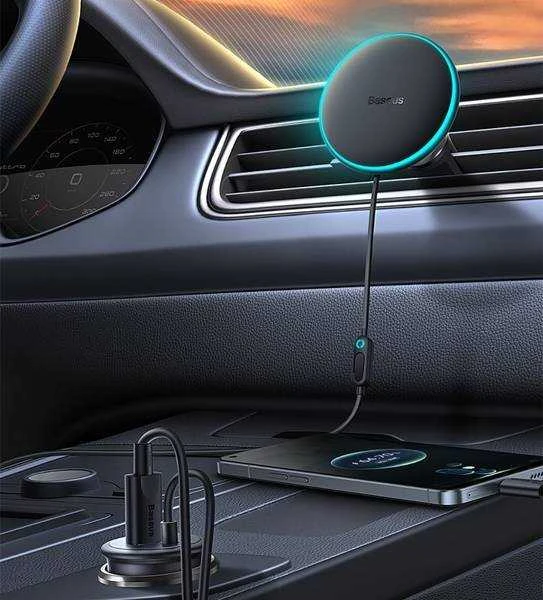 Magnetinis automobilinio telefono laikiklis Baseus CW01 prie ventiliacijos tinklelio su automobiliniu įkrovikliu USB-C, 15W + 25W (juodas)