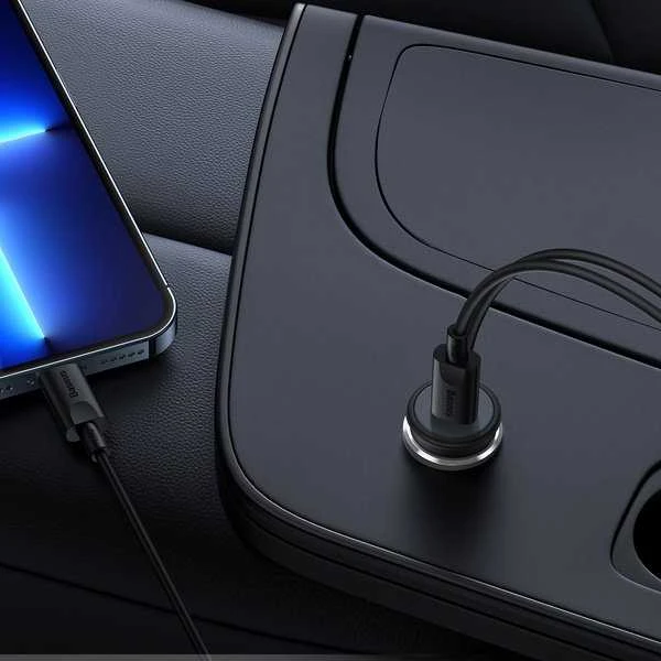 Magnetinis automobilinio telefono laikiklis Baseus CW01 prie ventiliacijos tinklelio su automobiliniu įkrovikliu USB-C, 15W + 25W (juodas)