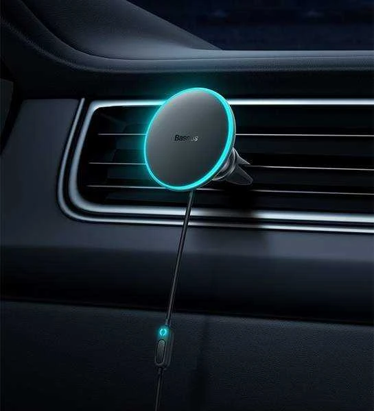 Magnetinis automobilinio telefono laikiklis Baseus CW01 prie ventiliacijos tinklelio su automobiliniu įkrovikliu USB-C, 15W + 25W (juodas)