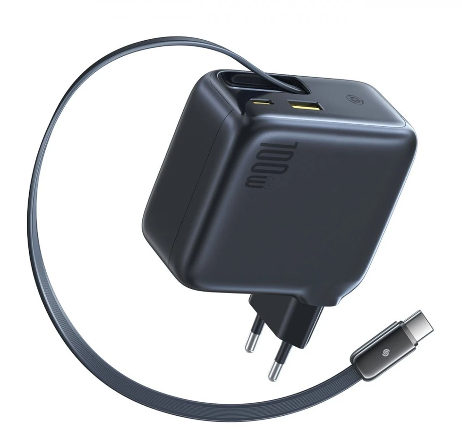 „Baseus EnerCore CJ11 100W“ su USB-A ir USB-C prievadais bei ištraukiamu USB-C laidu - juoda