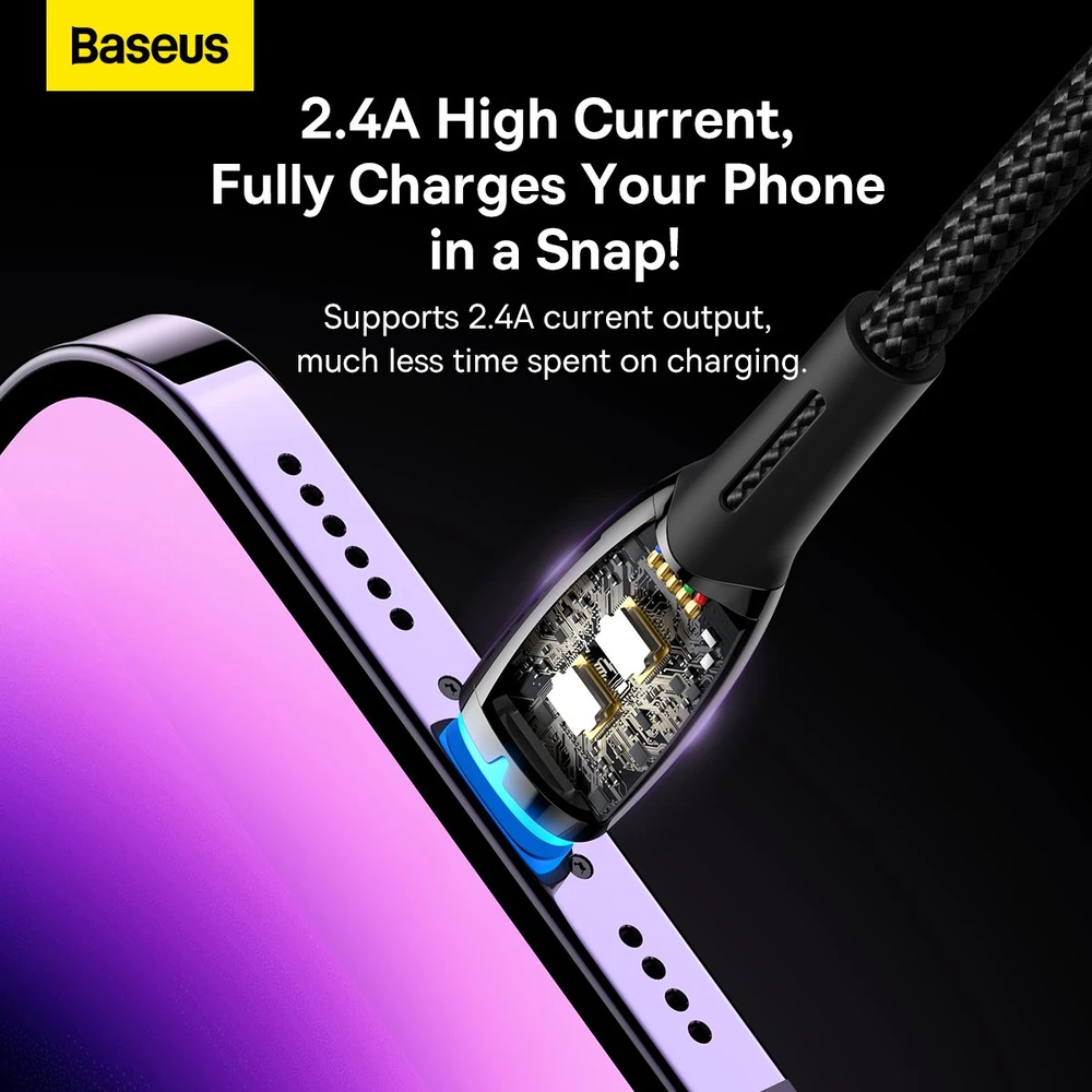 USB laidas, skirtas Lightning Baseus Glimmer Series, 2.4A, 2m (juodas)