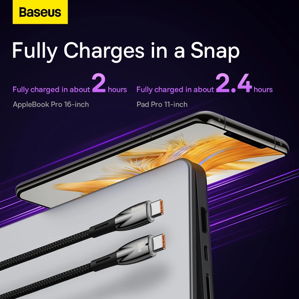 Baseus Glimmer USB-C – USB-C įkroviklis, 100W, 1m (fekete)
