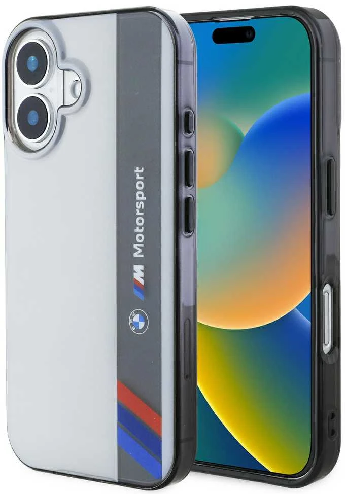 BMW BMHCP16S23HTFEG Apple iPhone 16 6.1″ pilkas kietas dėklas Motorsport IML Vertical Stripe