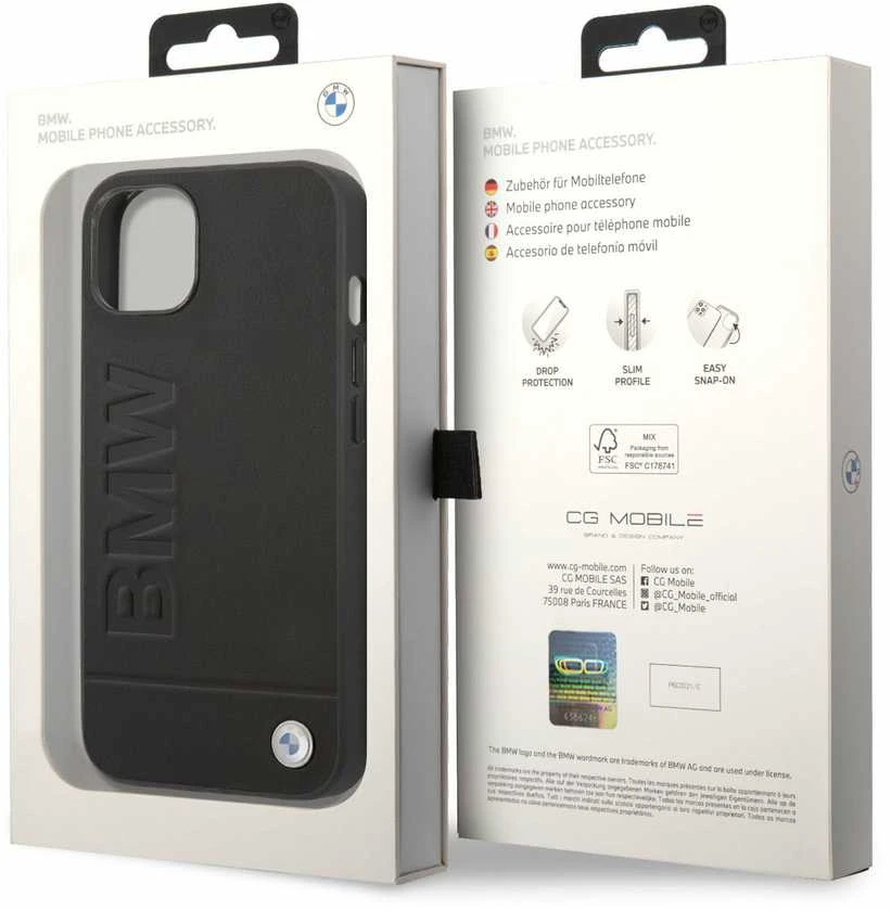 Dėklas BMW BMHCP14MSLLBK iPhone 14 Plus / 15 Plus 6,7″ juodos spalvos Leather Stamp