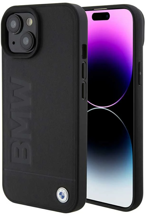 Dėklas BMW BMHCP15SSLLBK Apple iPhone 15 14 13 6.1″ juodos spalvos Leather Hot Stamp