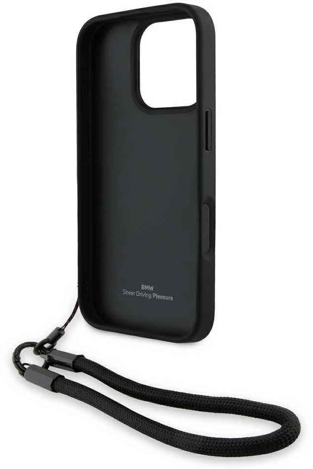 BMW Leather Signature and Strap Apple iPhone 16 Pro dėklas telefonui juodos spalvos