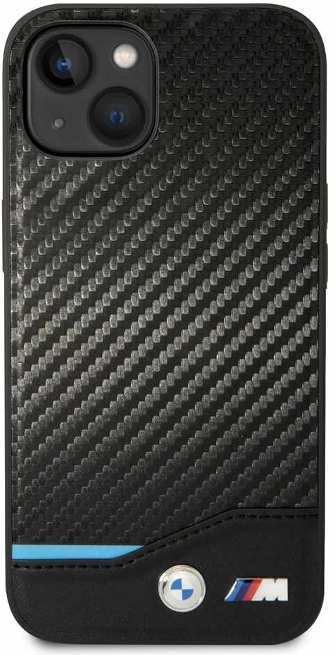 Dėklas BMW BMHCP14S22NBCK Apple iPhone 14 / 15 / 13 6.1″ juodos spalvos Leather Carbon