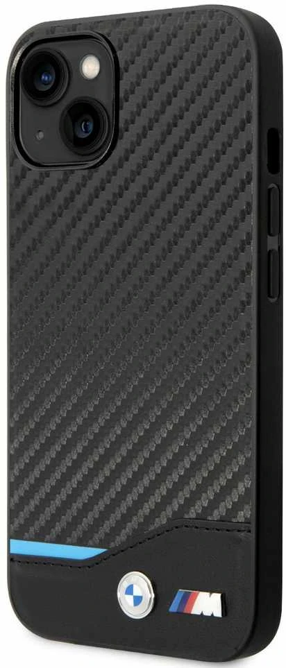 Dėklas BMW BMHCP14S22NBCK Apple iPhone 14 / 15 / 13 6.1″ juodos spalvos Leather Carbon