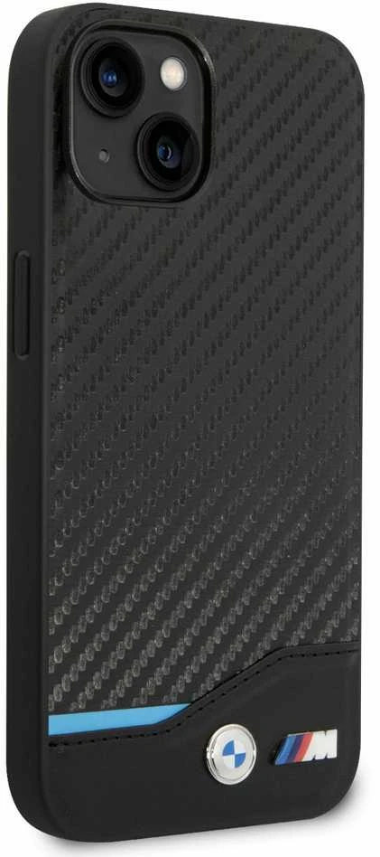 Dėklas BMW BMHCP14S22NBCK Apple iPhone 14 / 15 / 13 6.1″ juodos spalvos Leather Carbon