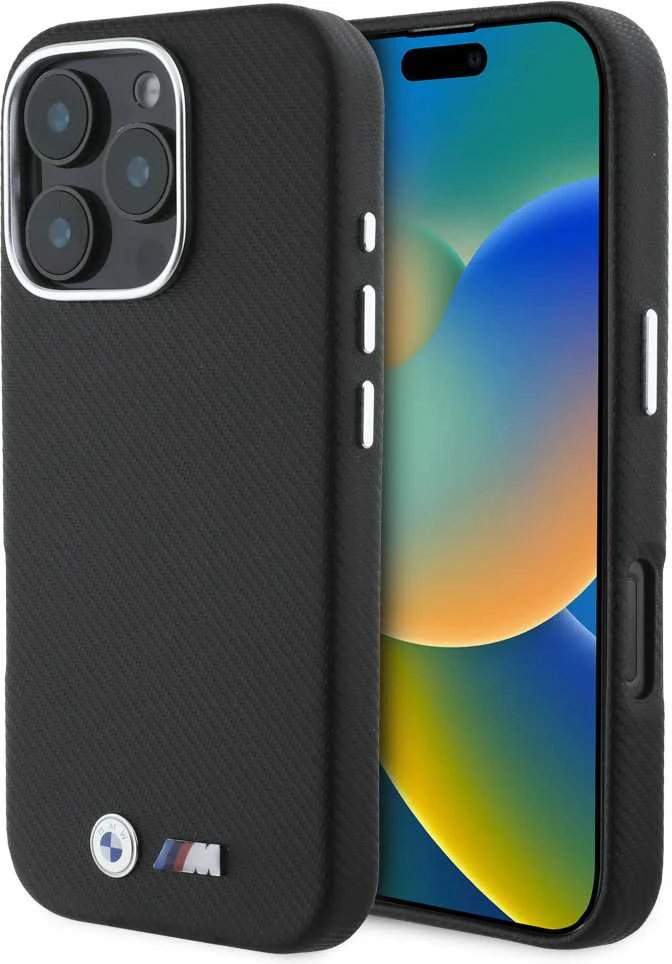 BMW BMHCP16X23 PUFWKEV Apple iPhone 16 Pro Max 6.9″ juodos spalvos kietas dėklas M Edition Kevlar wrapped metal