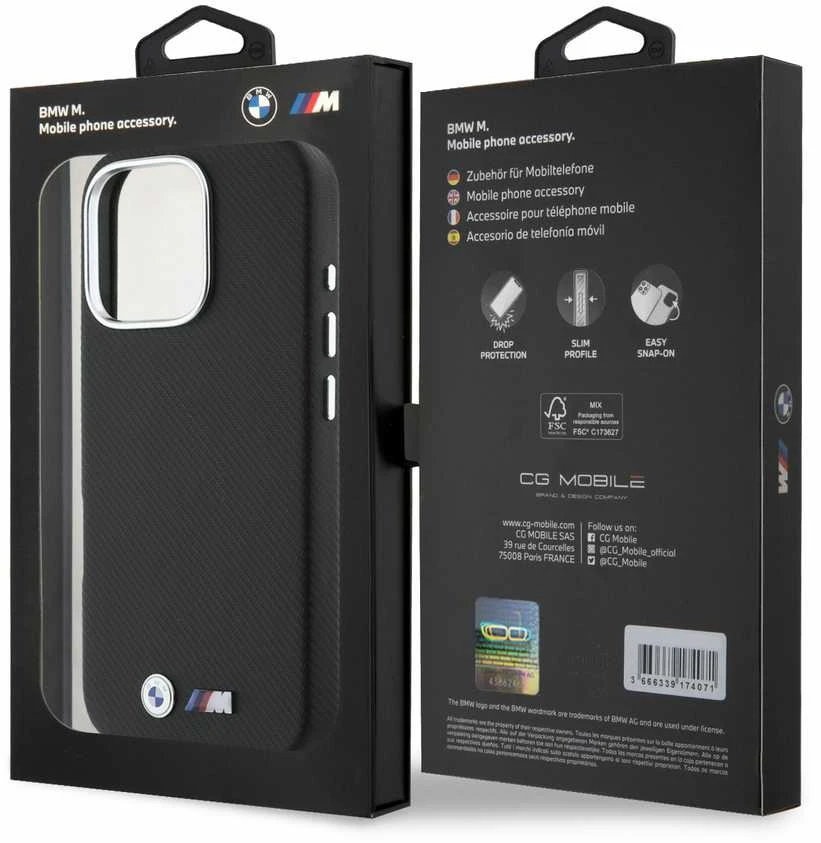 BMW BMHCP16X23 PUFWKEV Apple iPhone 16 Pro Max 6.9″ juodos spalvos kietas dėklas M Edition Kevlar wrapped metal