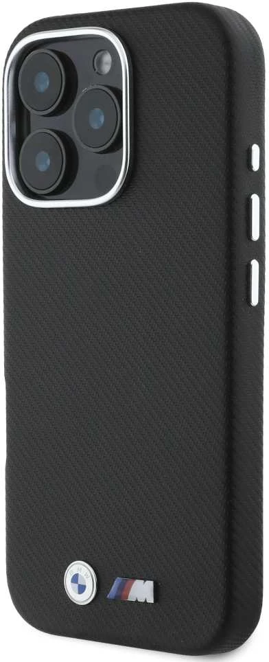 BMW BMHCP16X23 PUFWKEV Apple iPhone 16 Pro Max 6.9″ juodos spalvos kietas dėklas M Edition Kevlar wrapped metal