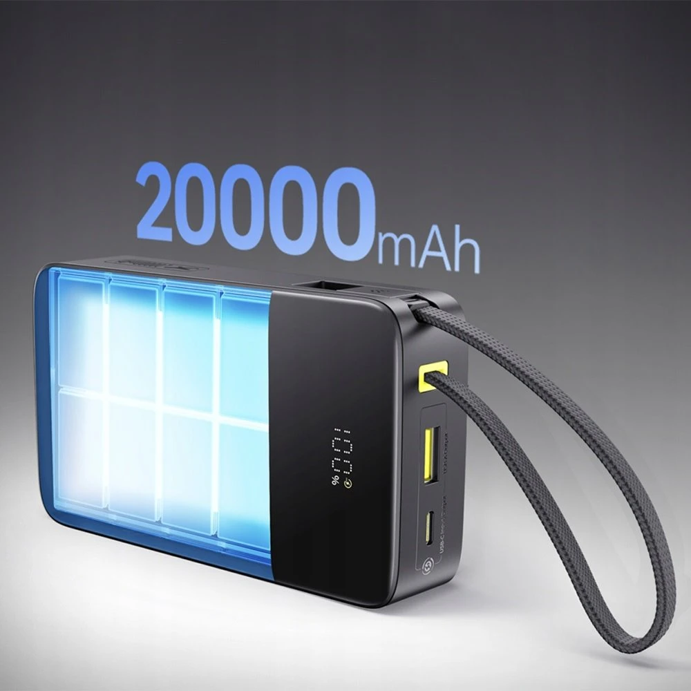 LiPo išorinis akumuliatorius (Powerbank) 20000mAh 22.5W su įmontuotu USB-C kabeliu, USB-A, USB-C Bipow2 Pro EnerFill Juodas BASEUS