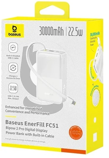 Baseus EnerFill FC51 Bipow 2 Pro 22.5W išorinė baterija su integruotu laidu 30000mAh Moon Baltas