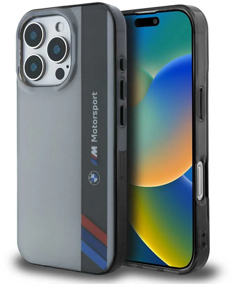BMW BMHCP16L23HTFEG Apple iPhone 16 Pro 6.3″ pilkas kietas dėklas Motorsport IML Vertical Stripe