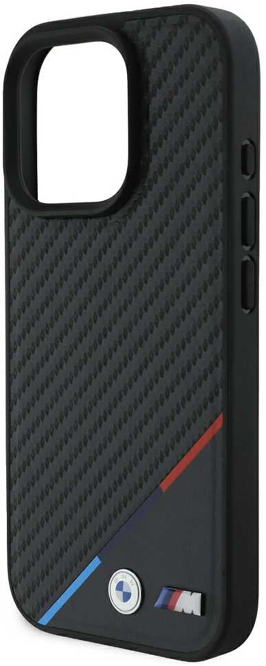 BMW M PU Carbon Tricolor Stripe MagSafe Apple iPhone 16 Pro Max dėklas telefonui juodos spalvos