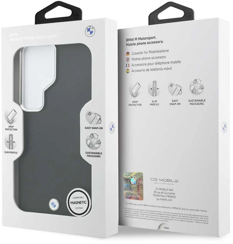 BMW Signature PU Leather Metal Logo Magnetic dėklas skirtas Samsung Galaxy S26 Ultra juodos spalvos