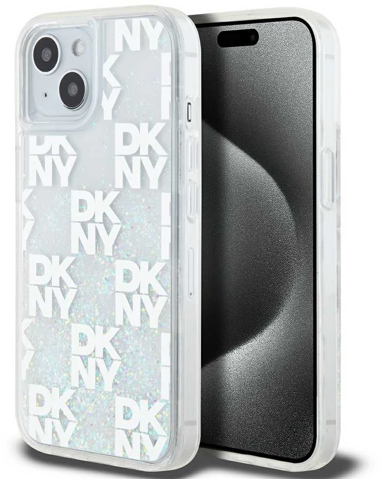 DKNY DKHCP15SLCPEPT Apple iPhone 15 14 13 6.1″ baltos spalvos kietas dėklas Liquid Glitter Multilogo