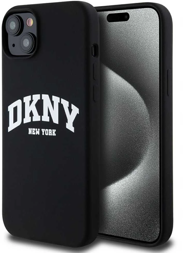 Apple iPhone 14 Plus / 15 Plus DKNY dėklas Liquid Silicone Baltas Printed Logo MagSafe (DKHMP15MSNYACH) juodos spalvos