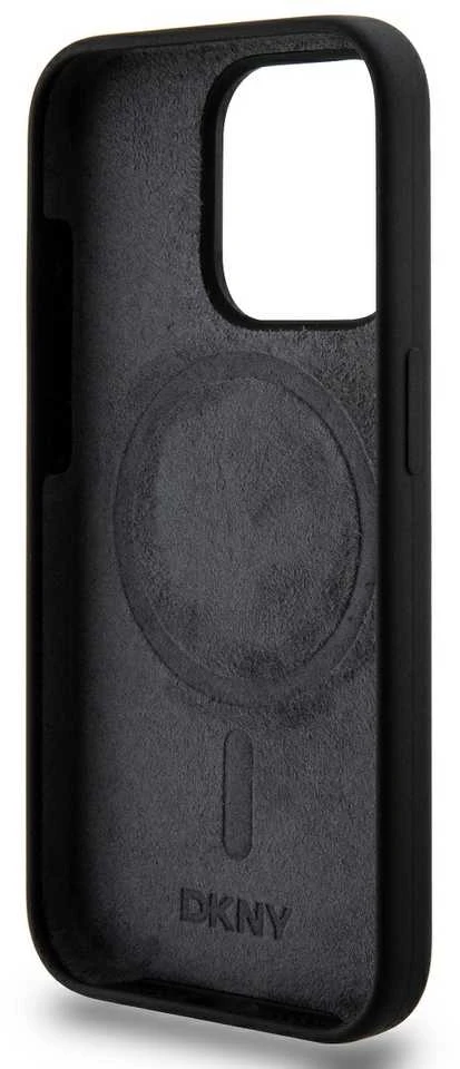Apple iPhone 15 Pro DKNY dėklas Liquid Silicone Baltas Printed Logo MagSafe (DKHMP15LSNYACH) juodos spalvos