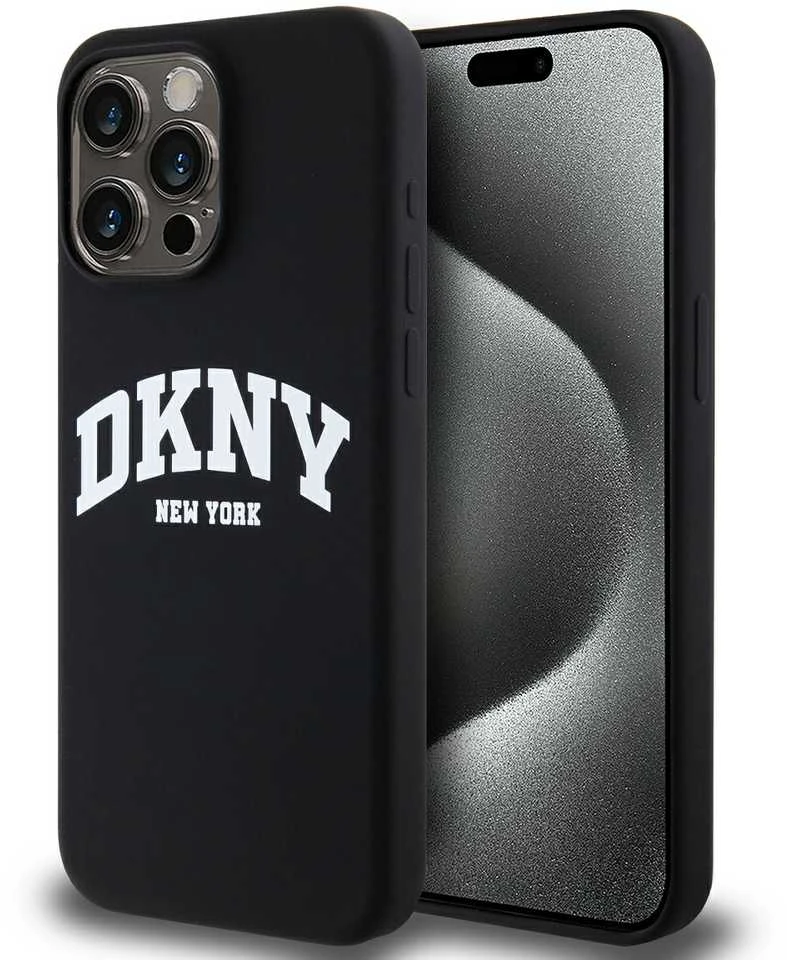 Apple iPhone 14 Pro DKNY dėklas Liquid Silicone Baltas Printed Logo MagSafe (DKHMP14LSNYACH) juodos spalvos